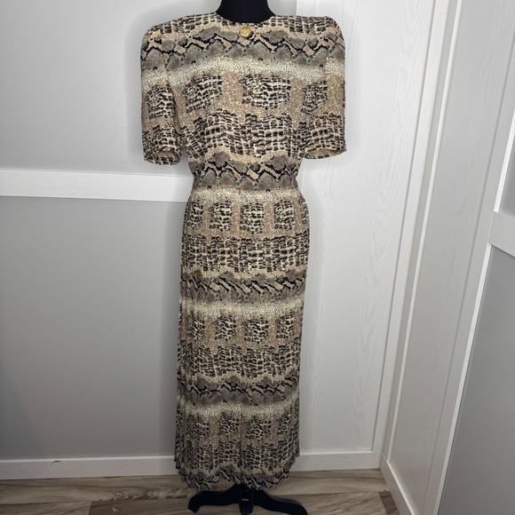 Lady Carol Dresses & Skirts - Lady Carol Vintage Snakeskin Print Maxi Dress Brown Tan Pleated Skirt Size 12